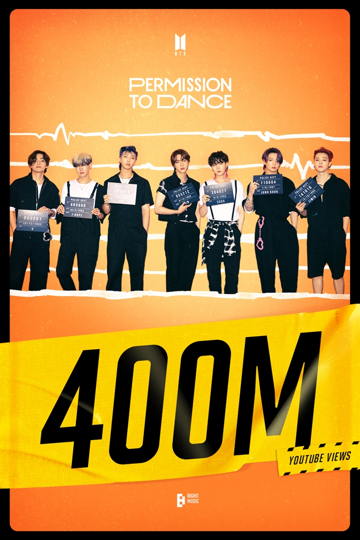 방탄소년단의 '퍼미션 투 댄스' 뮤직비디오가 4억 뷰를 돌파했다. 빅히트 뮤직 제공