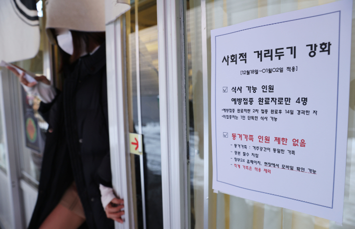 서울 마포구의 한 음식점 입구에 사회적 거리두기 강화에 따른 안내문이 붙어있다. 연합뉴스