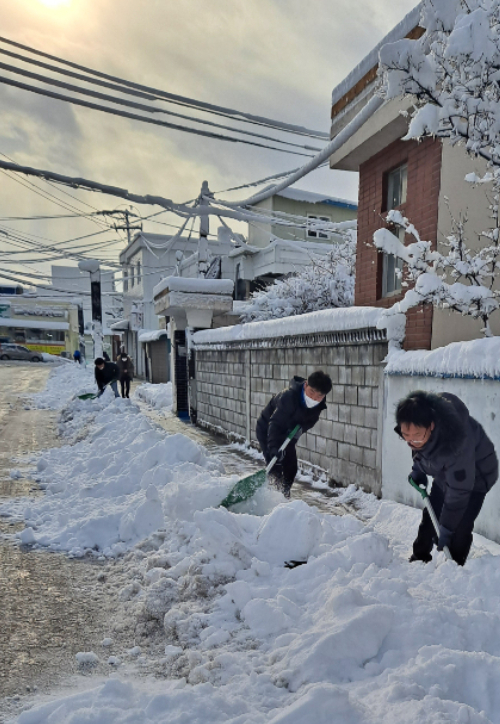 마을 안길에 쌓인 눈을 치우고 있는 강릉시 공무원들. 강릉시 제공