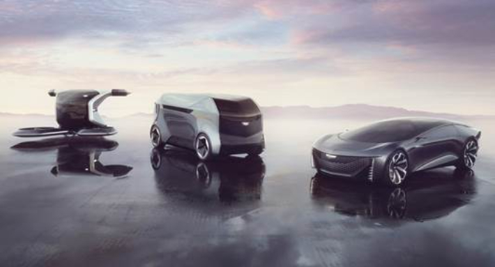 캐딜락이 5일(현지시각) 'CES 2022'를 통해 2인승 자율주행 럭셔리 전기차 '이너스페이스(InnerSpace·오른쪽)' 콘셉트와 수직 이착륙 1인승 콘셉트 '퍼스널스페이스(PersonalSpace· 왼쪽)', 6인승 자율주행 콘셉트 '소셜스페이스(SocialSpace·가운데)'를 공개했다. 캐딜락 제공