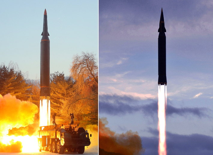 5일 발사한 극초음속 미사일과 작년에 발사한 화성-8형(오른쪽). 탄두부 모양이 다소 다른 모습이다. 연합뉴스