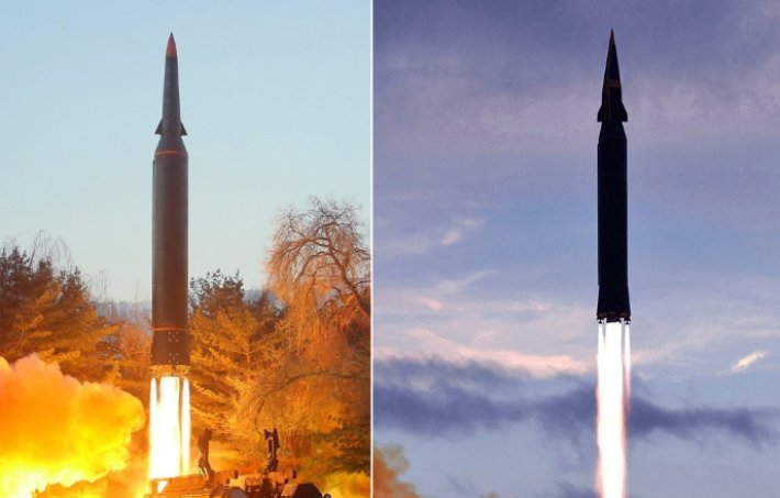 북한이 5일 발사한 극초음속 미사일(왼쪽)과 작년에 발사한 화성-8형(오른쪽). 연합뉴스