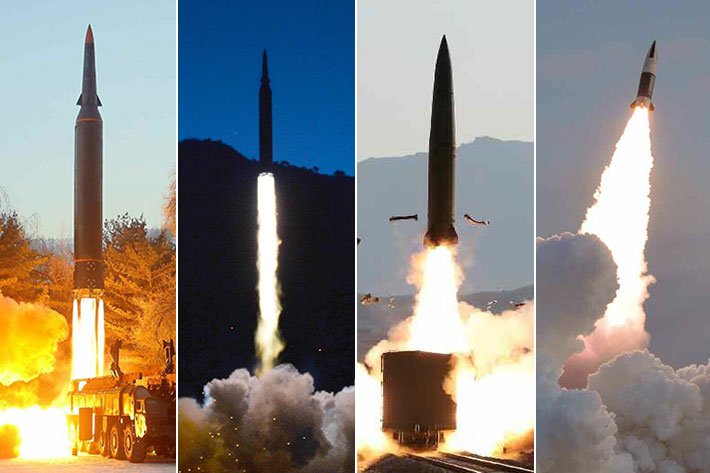 북한이 2022년 쏴올린 미사일. 왼쪽부터 각각 5일·11일 극초음속미사일 시험발사, 14일·17일 단거리 탄도미사일 발사 모습. 뉴스1 제공
