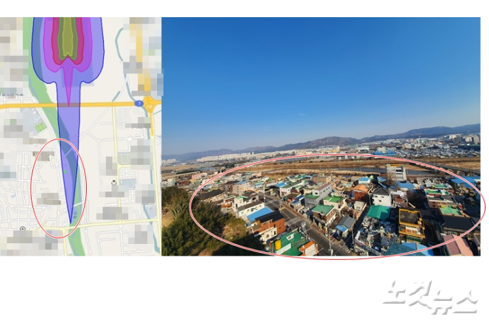 왼쪽 사진은 일부 소음피해사업 대상지(빨간원)다. 오른쪽은 현장 사진. 이형탁 기자