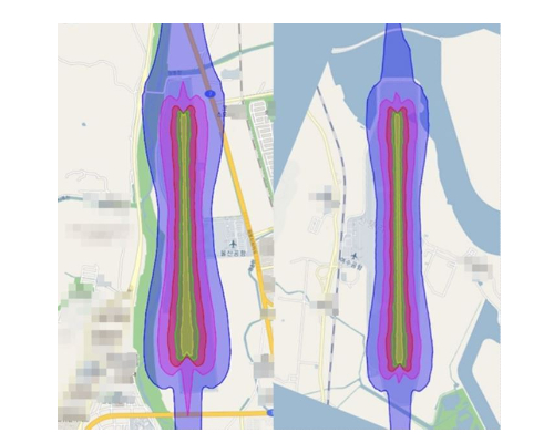 왼쪽 소음지도는 과거 용역을 바탕으로 한 울산공항이다. 이곳의 남북 활주로 양 끝단을 기준으로 보면 소음등고선이 북쪽은 1시, 남쪽은 7시 방향을 가리키고 있다. 오른쪽 사진은 소음등고선이 활주로 끝단 기준으로 북쪽은 12시, 남쪽은 6시로 정상 표기된 여수공항이다. 한국공항공사 홈페이지 캡처