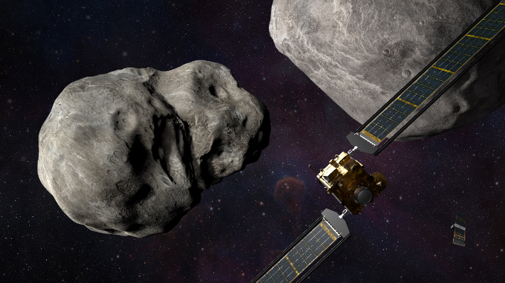 미국 항공우주국(NASA)의 '쌍(雙) 소행성 궤도수정 실험'(DART) 우주선이 지구에 근접한 소행성 디모르포스와 디디모스에 다가가는 모습을 담은 상상도. NASA 제공