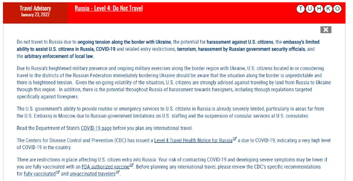 미 국무부는 러시아를 여행 경보 최고 단계인 4단계 국가로 지정했다. 미 국무부 홈페이지 캡처