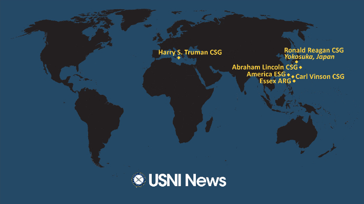 미 해군 연구기관 USNI가 공개정보를 기반으로 종합한 1월 18일자 미 해군 항공모함 배치 현황. 정규 항공모함 3척과 강습상륙함 2척이 서태평양에 몰려 있다.