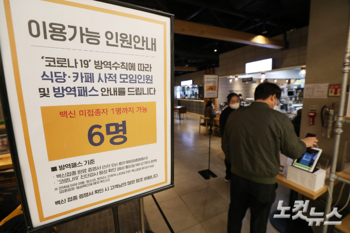 지난 17일 서울 한 식당에 방역패스 관련 안내문이 놓여있다. 이한형 기자
