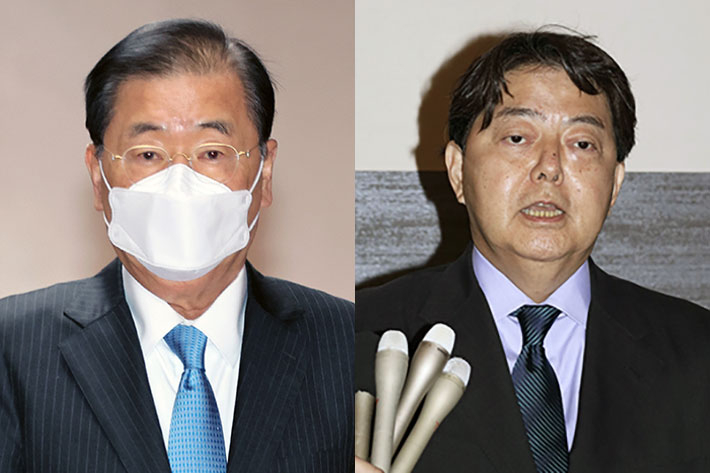 정의용 외교부 장관(왼쪽)과 하야시 요시마사 일본 외무대신. 연합뉴스