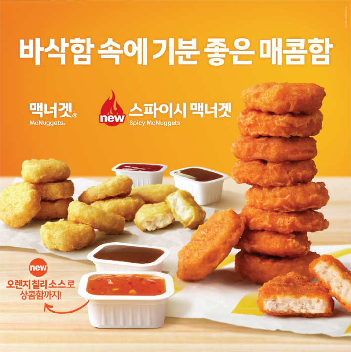 한국맥도날드가 대표 사이드 메뉴 '맥너겟'에 매콤한 맛을 더한 신메뉴 '스파이시 맥너겟'을 출시한다고 4일 밝혔다. 한국맥도날드 제공 