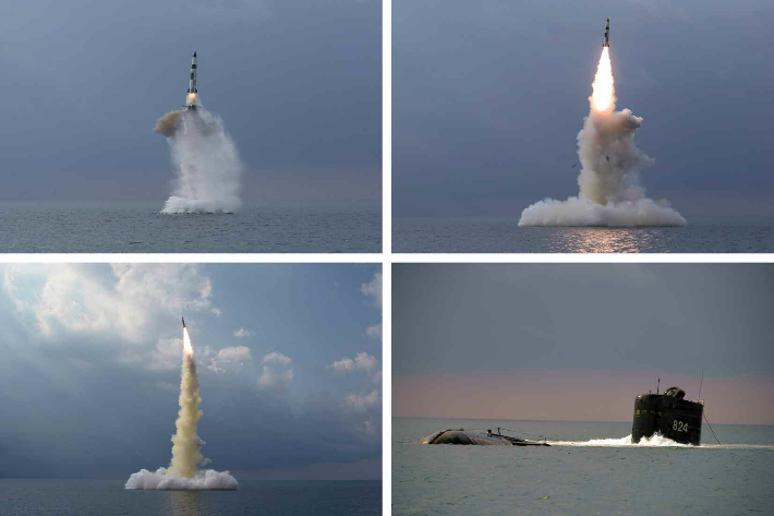 북한이 지난해 10월 관영매체를 통해 공개한 SLBM 발사 장면. KN-23을 개조해 고래급 잠수함에 실은 것으로 보인다. 뉴스1 제공
