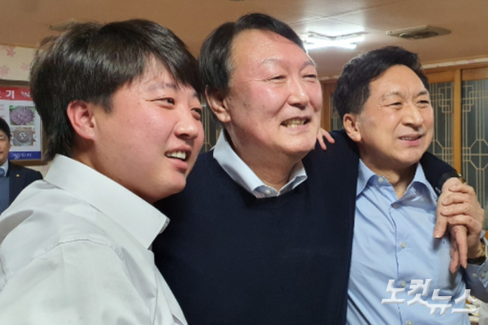 왼쪽부터 국민의힘 이준석 당대표, 윤석열 후보, 김기현 원내대표.