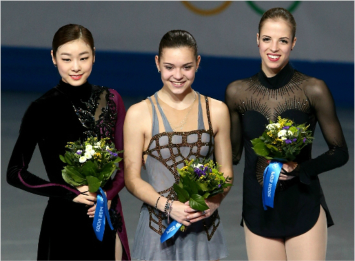 2014년 소치올림픽 피겨 여자 싱글 시상식 당시 김연아(왼쪽부터)가 소트니코바, 이탈리아의 카롤리나 코스트너와 나란히 선 모습. 대한체육회