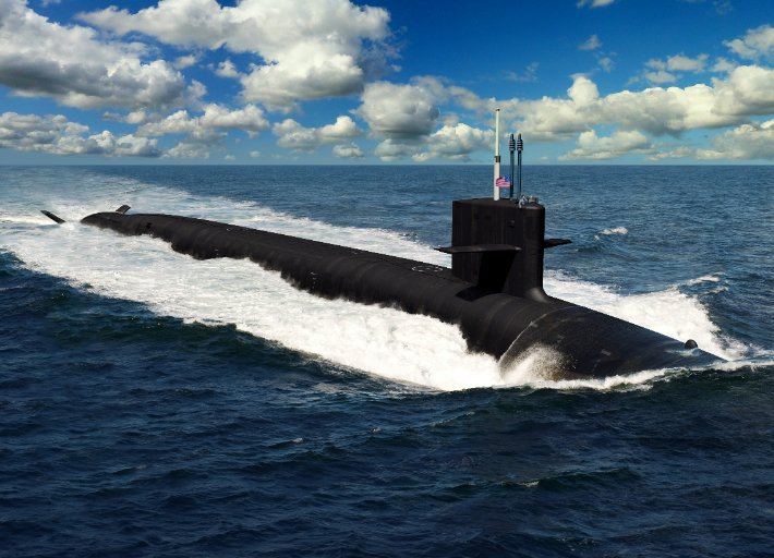 미 해군의 차기 탄도미사일 원자력 잠수함(SSBN) 컬럼비아급을 나타낸 그래픽. 잠수함 자체는 미 해군이 운용하지만, 여기에 탑재되는 핵무기는 전략사령부가 통제한다. 미 국방부 영상정보시스템