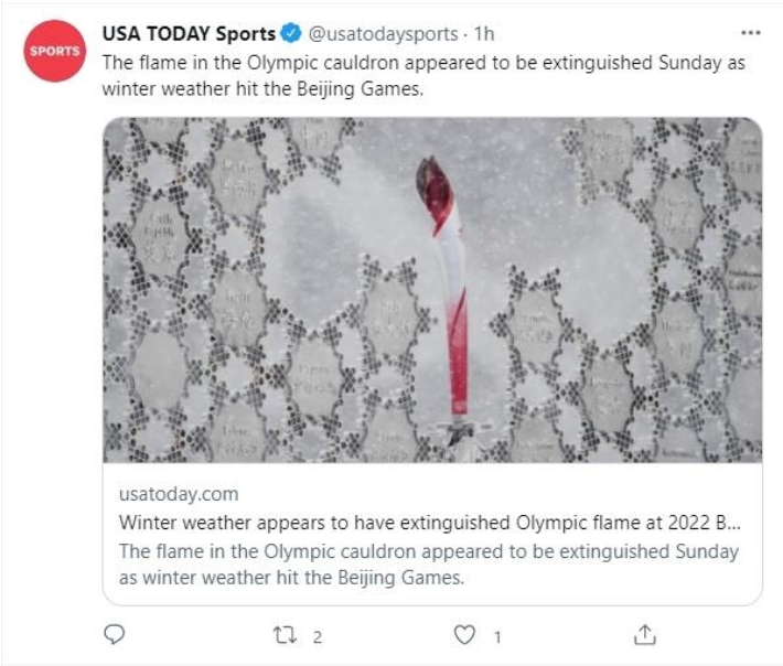 13일 베이징동계올림픽 성화가 꺼진 듯한 사진. USA투데이스포츠 트위터 캡처