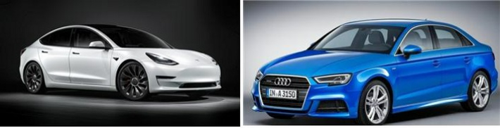 리콜 대상인 테슬라 모델3(왼쪽)과 아우디 A3 40 TFSI(오른쪽). 국토교통부 제공