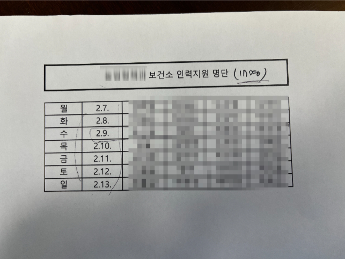 보건소 인력지원 명단. 근무 대상자 명단에 없던 A씨가 토일 근무에만 배정됐다. 전주시 제공