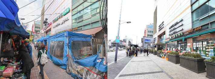 '영중로' 보행환경 개선사업전 모습(사진 왼쪽)과 개선후(사진 오른쪽) 모습. 영등포구 제공 
