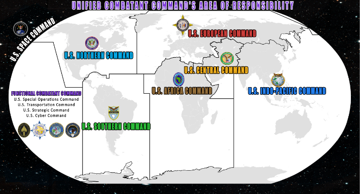 미군에 있는 11개 통합전투사령부를 나타낸 그래픽. 우주사령부도 이 가운데 하나로, 따지고 보면 지구 전역을 관할로 두고 있는 셈이다. 위키미디어 캡처