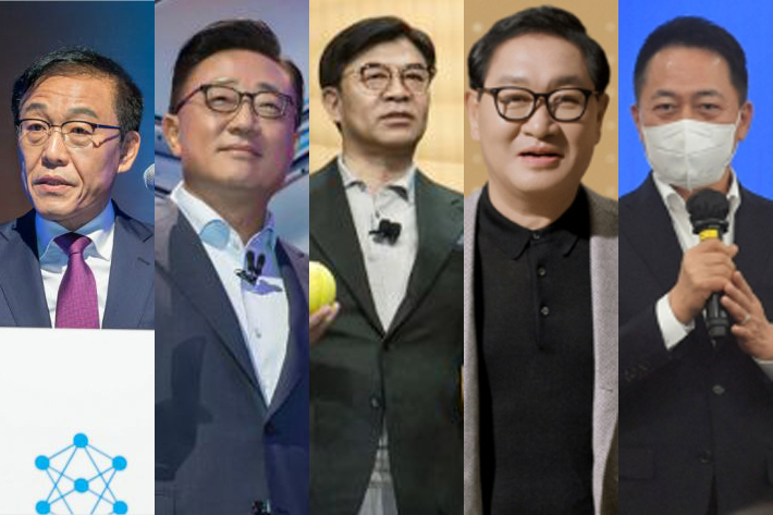 왼쪽부터 삼성전자 김기남 전 대표이사, 고동진 전 대표이사, 김현석 전 대표이사, 한종희 DX부문장 부회장, 최윤호 삼성SDI 사장. 삼성전자·삼성SDI 제공