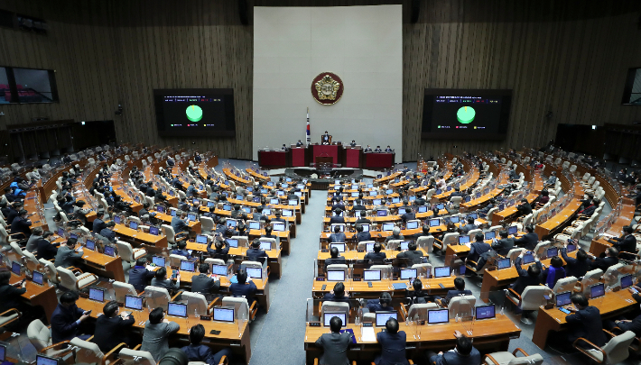 총 16조 9천억 원의 추가경정예산안이 21일 오후 서울 여의도 국회에서 열린 본회의에서 통과되고 있다. 추경안은 소상공인 및 사각지대 지원에 13조5천억 원, 방역 지원에 2조8천억 원, 예비비 6천억 원으로 구성됐다. 연합뉴스