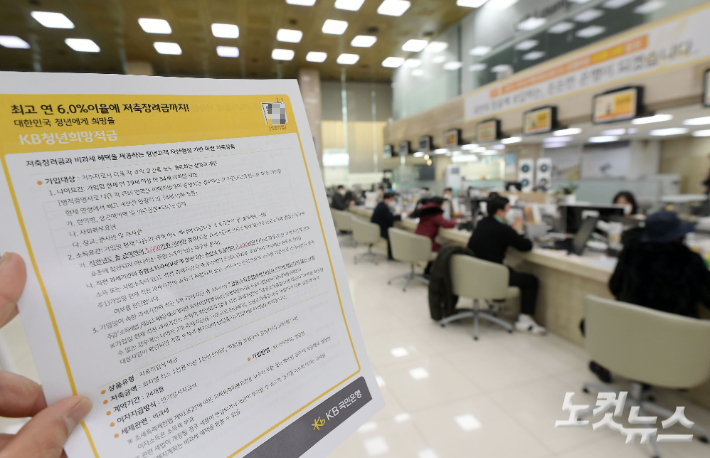 지난 22일 서울 영등포구 국민은행 여의도영업부점에 청년희망적금 안내문이 게시돼 있다. 이한형 기자