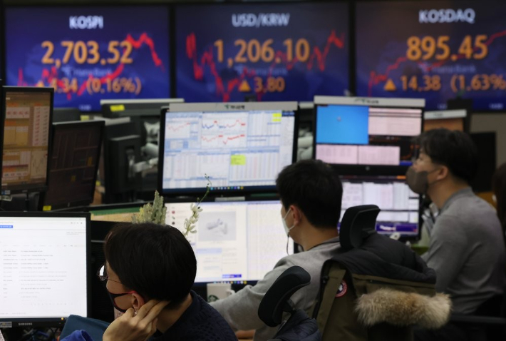 지난 2일 명동 하나은행 본점 딜링룸 전광판에 코스피, 환율, 코스닥 종가가 표시돼 있다. 연합뉴스