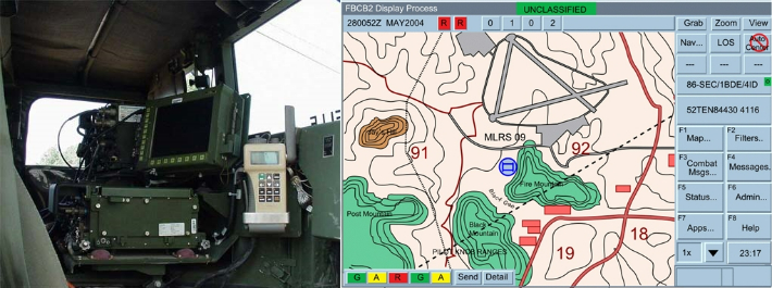 미 육군 험비에 장착된 FBCB2 체계(왼쪽)와 그 화면(오른쪽). 미 육군 제공