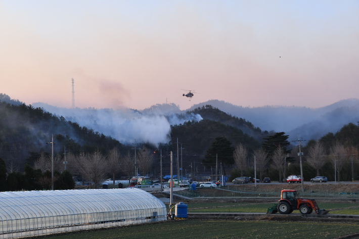 5일 일출과 동시에 산불 현장에 투입된 진화헬기. 삼척시 제공