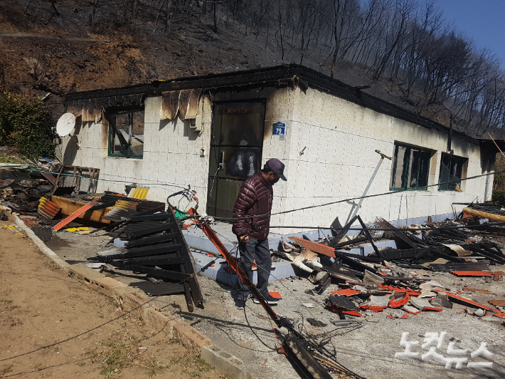 산불로 집이 전소돼 망연자실해 하고 있는 삼척지역 이재민. 진유정기자