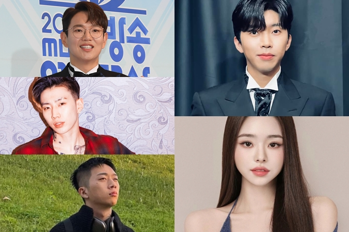 왼쪽부터 시계방향으로 장성규, 임영웅, 프리지아, 우원재, 박재범. 노컷뉴스 자료사진/각 소셜미디어