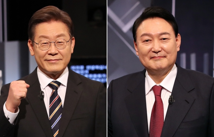 방송토론 참석한 이재명 대선후보(왼쪽)와 윤석열 대선후보. 연합뉴스