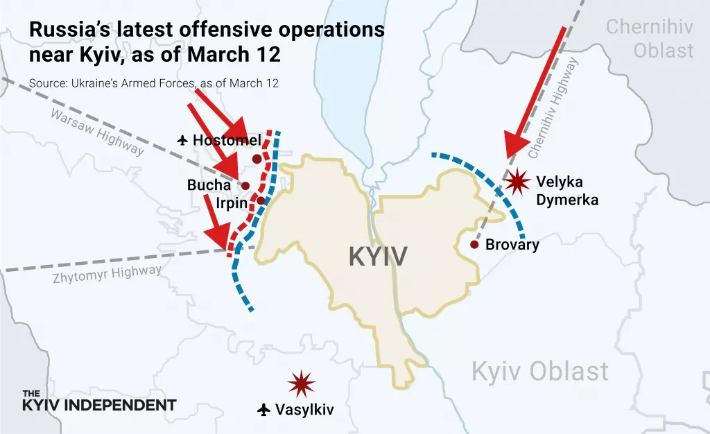 3월 12일 현재 러시아군(빨간색 화살표)의 키이브 진출도. 키이브 인디펜던트 캡처