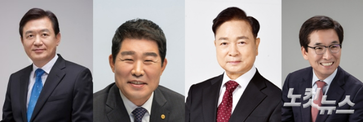 왼쪽부터 김병우 충북교육감, 김진균, 심의보, 윤건영 에비후보