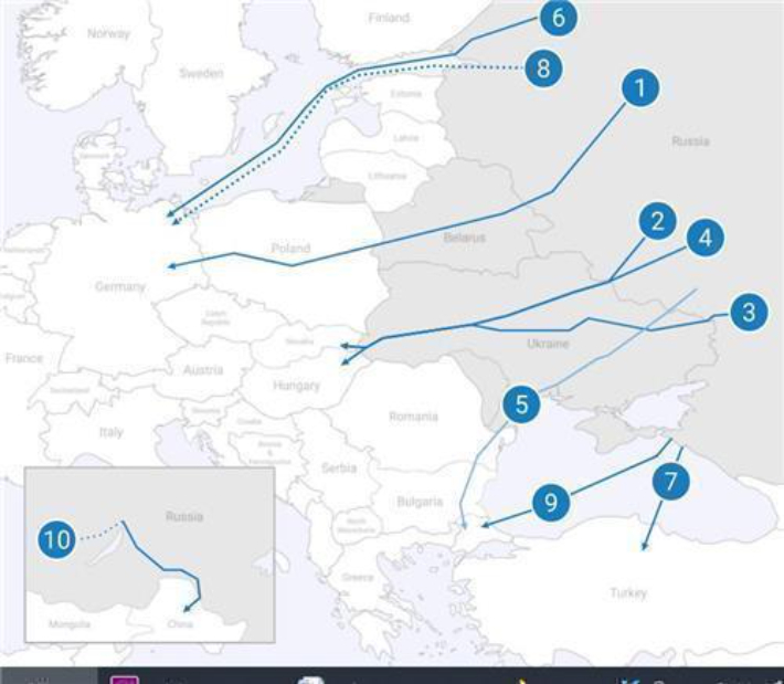 6번이 노르트 스트림, 8번이 노르트 스트림-2, 1번이 야말-유럽, 2~4번이 우크라이나 경유 가스관, 9번이 터키 스트림 가스관. 연합뉴스
