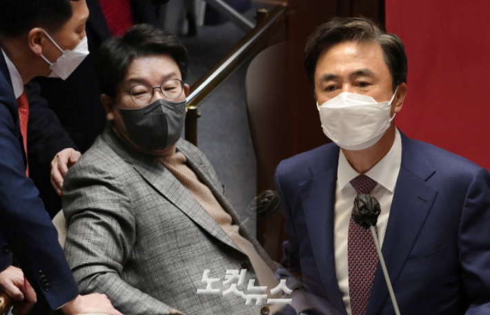 왼쪽부터 국민의힘 권성동 의원, 김태흠 의원. 윤창원 기자