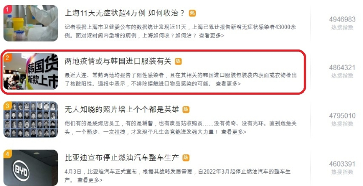 중국이 코로나19 감염원으로 한국 수입 의류를 지목하면서 중국 최대 포털사이트 바이두에서 해당 내용이 인기 검색에 오른 모습. 중국 바이두 화면 캡처