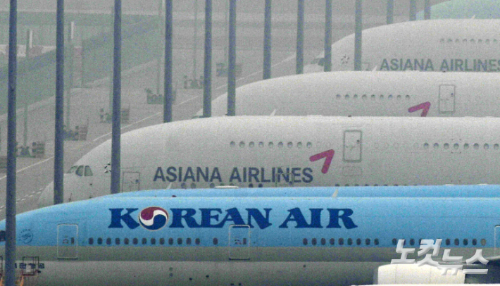인천공항 전망대에서 바라본 대한항공, 아시아나 항공 여객기 모습.