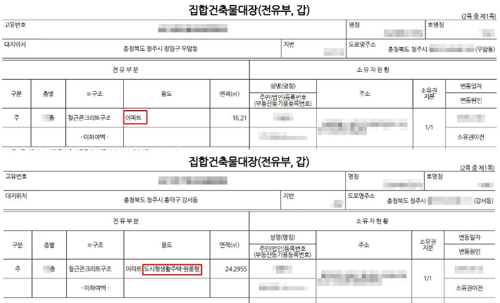 A씨의 도시형생활주택 건축물대장(위)은 '아파트'로만 기재돼 있는 반면, 청주지역 또 다른 건축물(아래)은 별도의 '도시형생활주택'이라는 표기가 있다.