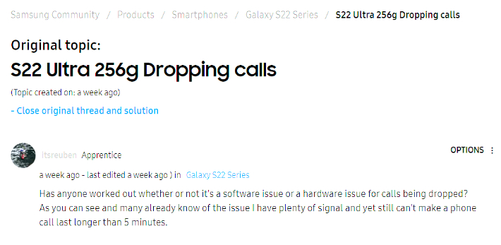 삼성전자 유럽 커뮤니티에 올라온 갤럭시 S22의 통화 불만 관련 게시글.  "전화 통화를 5분 이상 할 수가 없다. 전화 끊김 현상이 소프트웨어 문제인지, 하드웨어 문제인지 해결한 사람 있나"라는 내용이다. 홈페이지 캡처.