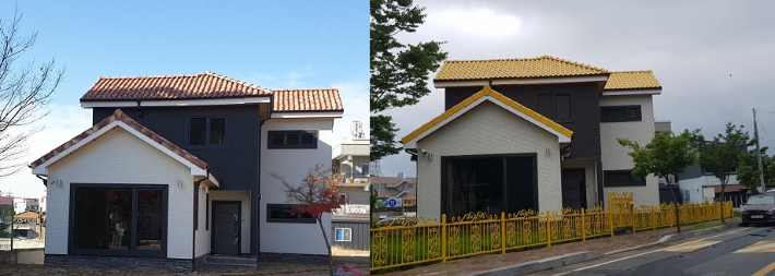 전남 장성군 장성읍 한 주택. 유두석 전남 장성군수의 요구로 지붕 색을 노란색으로 바꾼 A씨 주택(오른쪽). 독자 제공