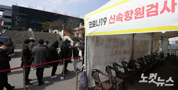 지난달 15일 서울역광장에 마련된 선별진료소에서 시민들이 신속항원검사를 받기 위해 기다리고 있다. 황진환 기자