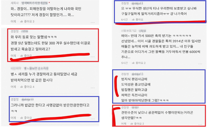 최근 온라인 커뮤니티에 게시된 "인천 경찰 CCTV 공개 후 경찰 블라인드 여론" 글 중 일부 화면 캡처. 빨간 글 상자와 파란 글 상자는 각각 동일한 아이디로 작성된 글을 분류한 것이다. 