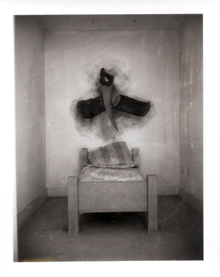 No title (bed with sawing log) / 1995 / Polaroid photograph / 11.4 x 8.9 cm 4.5 x 3.5 in / Courtesy of Robert Therrien Estate