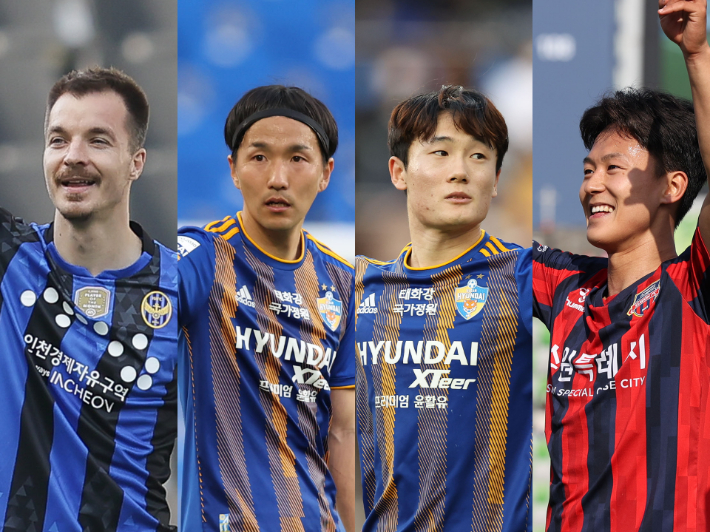 K리그 4월의 선수 후보. 무고사(왼쪽부터), 아마노, 엄원상, 이승우. 한국프로축구연맹 제공
