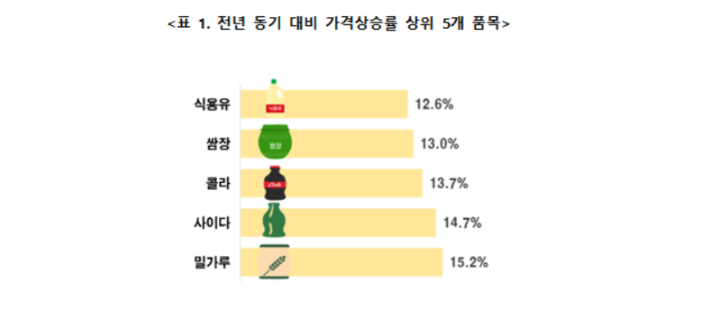 전년 동기 대비 가격상승률 상위 5개 품목. 한국소비자단체협의회 제공 