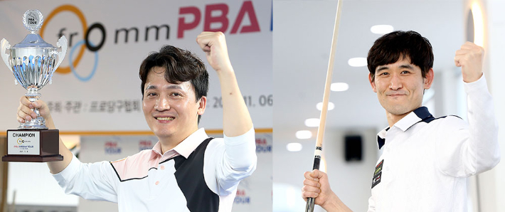 프로당구 1부 승격의 꿈을 이룬 드림 투어 시즌 1위 권혁민(왼쪽)과 챌린지 투어 1위 김경우. PBA