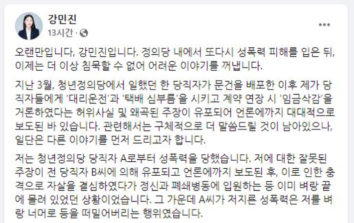 강민진 전 청년정의당 대표 페이스북 일부 캡처