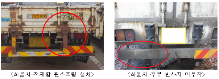 안전기준을 위해 적발된 차량들의 모습. 국토교통부 제공.